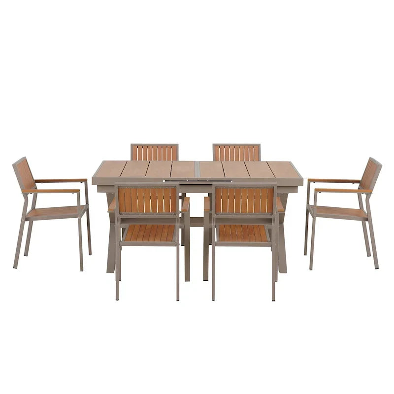 Ensemble de salle à manger extérieur extensible 7 pièces avec table extensible et 6 chaises avec accoudoirs