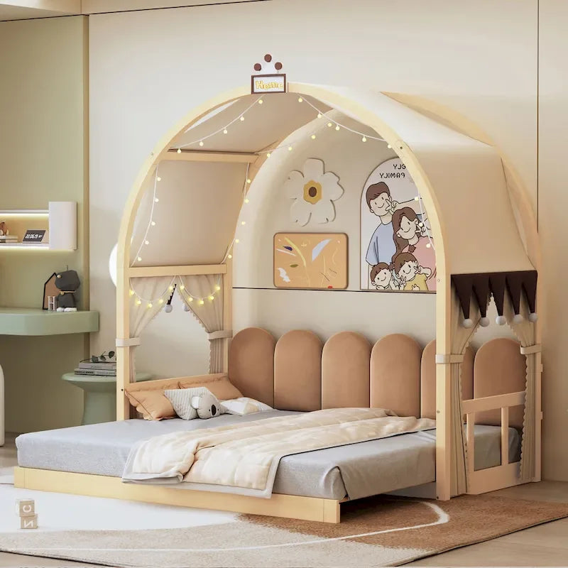 Lit cabane pour enfants avec tente, lumière LED et tableau blanc — Cadre en pin