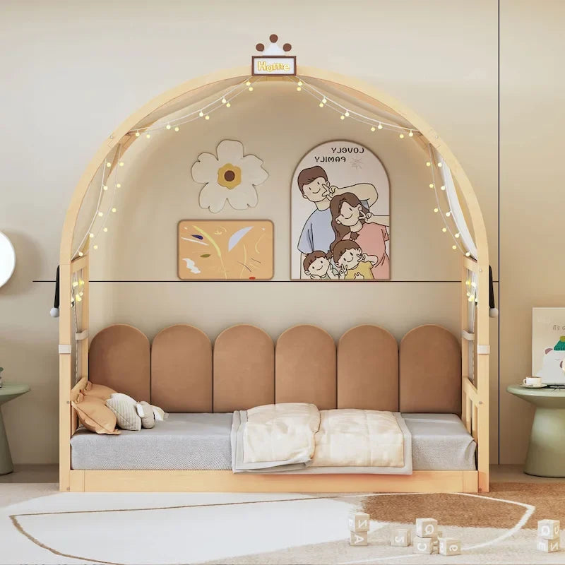 Lit cabane pour enfants avec tente, lumière LED et tableau blanc — Cadre en pin