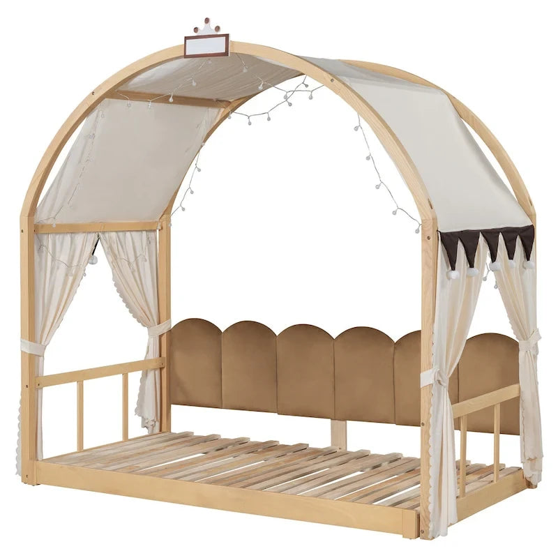 Lit cabane pour enfants avec tente, lumière LED et tableau blanc — Cadre en pin