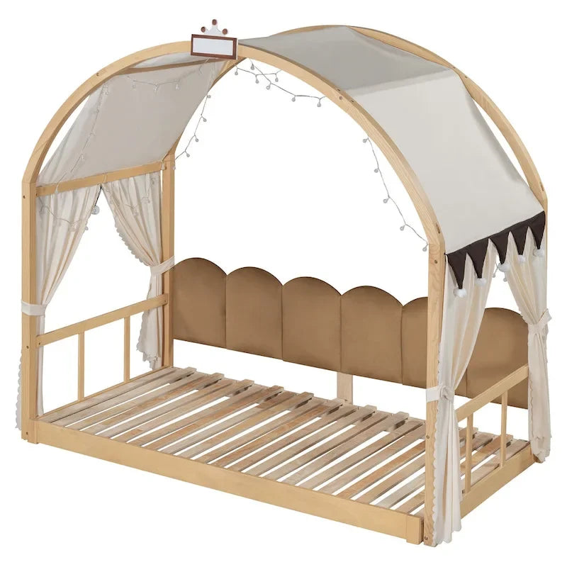 Lit cabane pour enfants avec tente, lumière LED et tableau blanc — Cadre en pin
