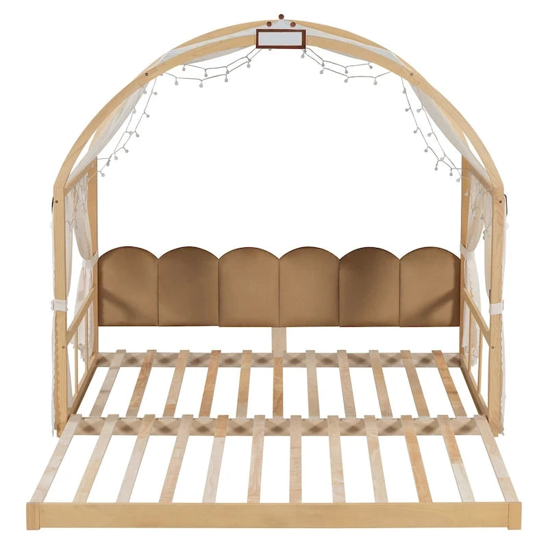 Lit cabane pour enfants avec tente, lumière LED et tableau blanc — Cadre en pin