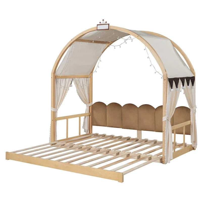 Lit cabane pour enfants avec tente, lumière LED et tableau blanc — Cadre en pin