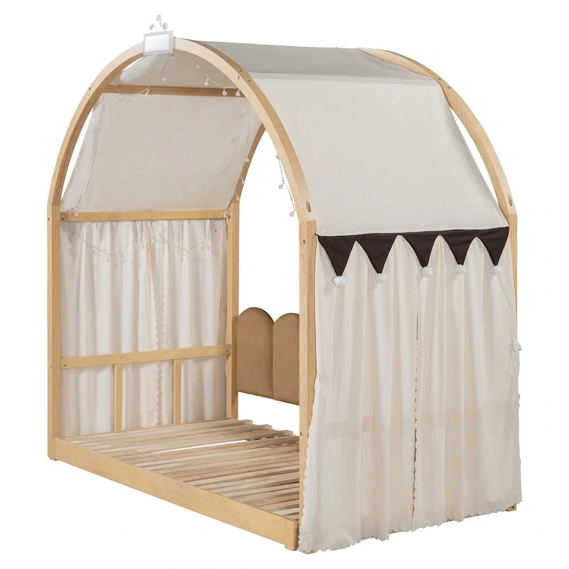 Lit cabane pour enfants avec tente, lumière LED et tableau blanc — Cadre en pin