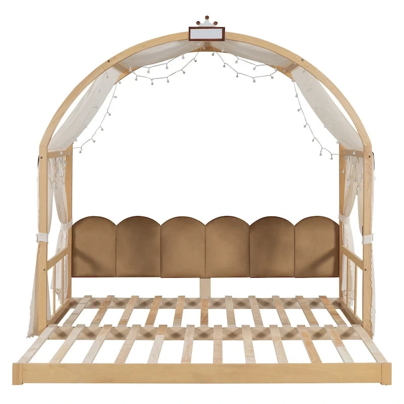 Lit cabane pour enfants avec tente, lumière LED et tableau blanc — Cadre en pin