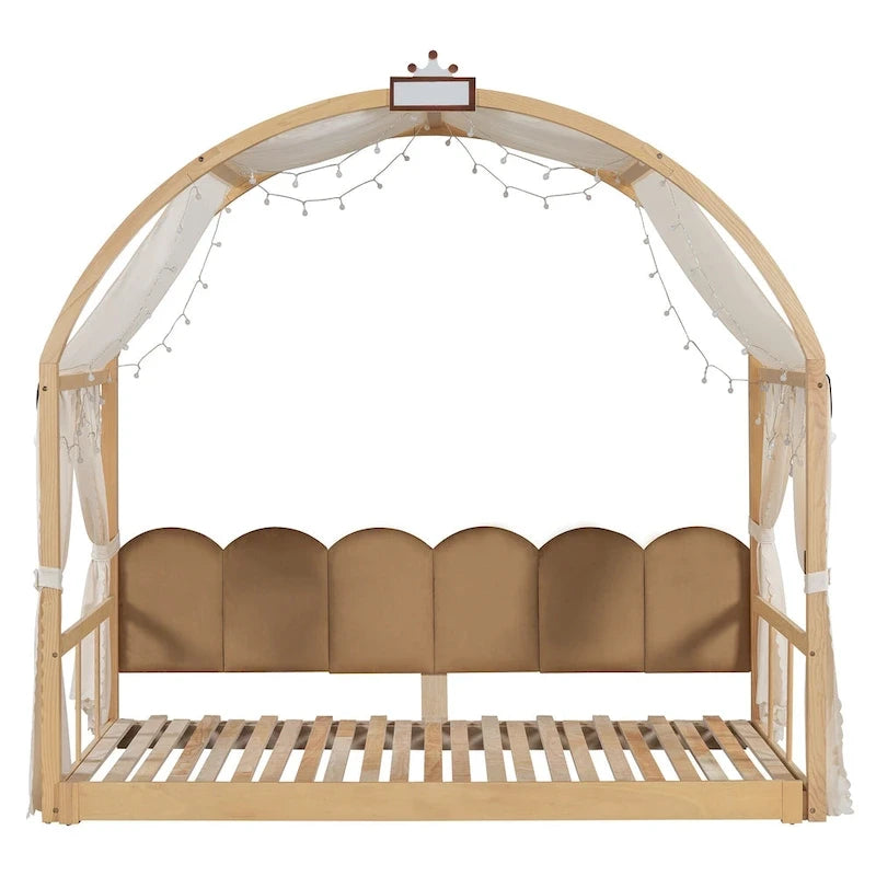 Lit cabane pour enfants avec tente, lumière LED et tableau blanc — Cadre en pin