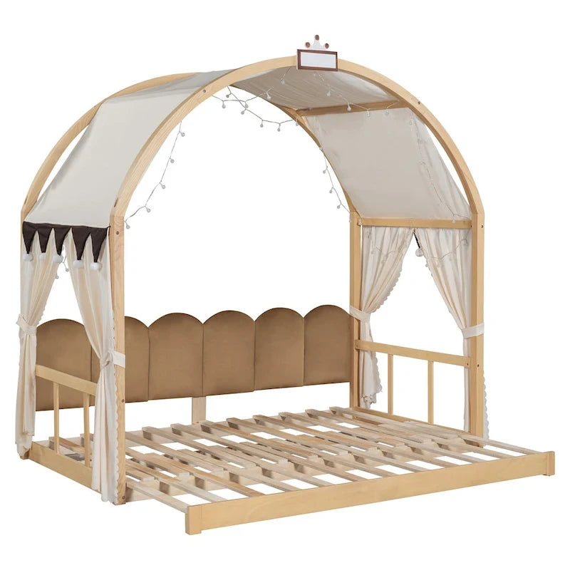Lit cabane pour enfants avec tente, lumière LED et tableau blanc — Cadre en pin
