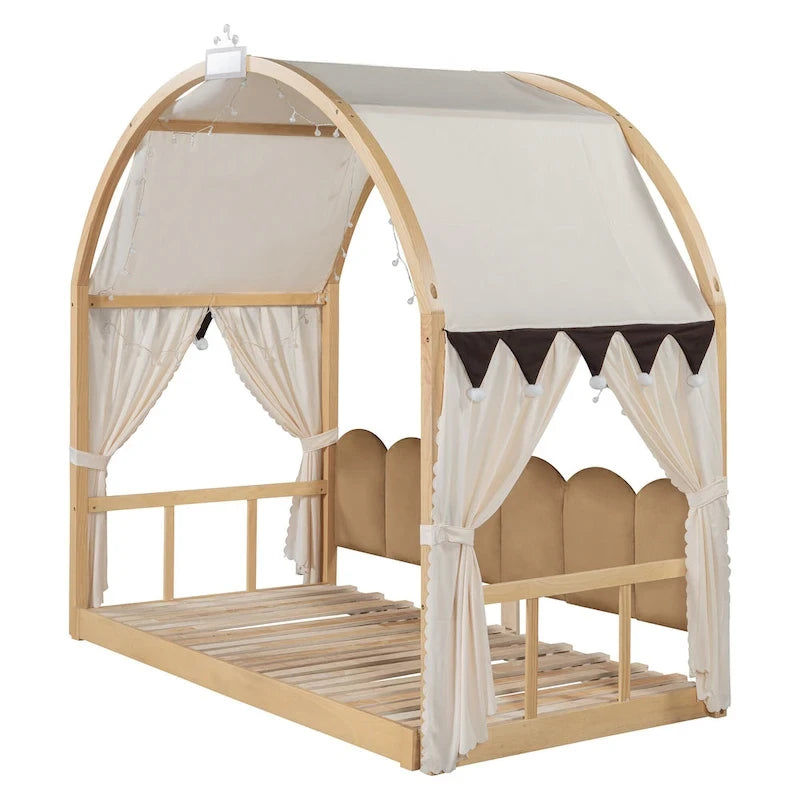 Lit cabane pour enfants avec tente, lumière LED et tableau blanc — Cadre en pin