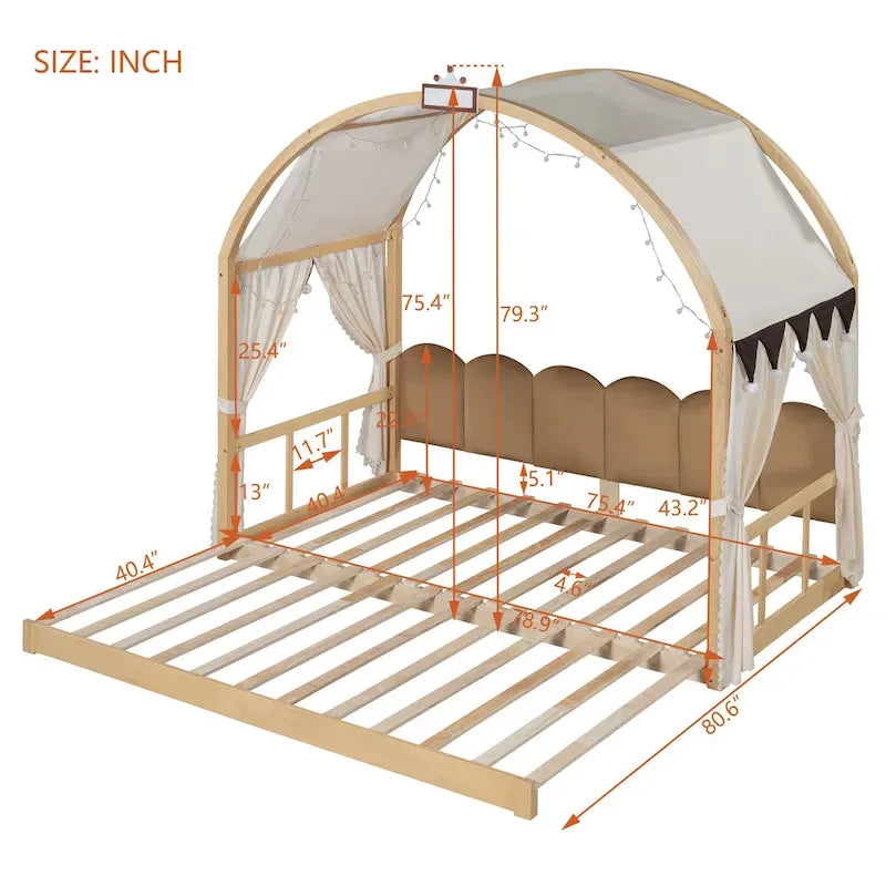 Lit cabane pour enfants avec tente, lumière LED et tableau blanc — Cadre en pin