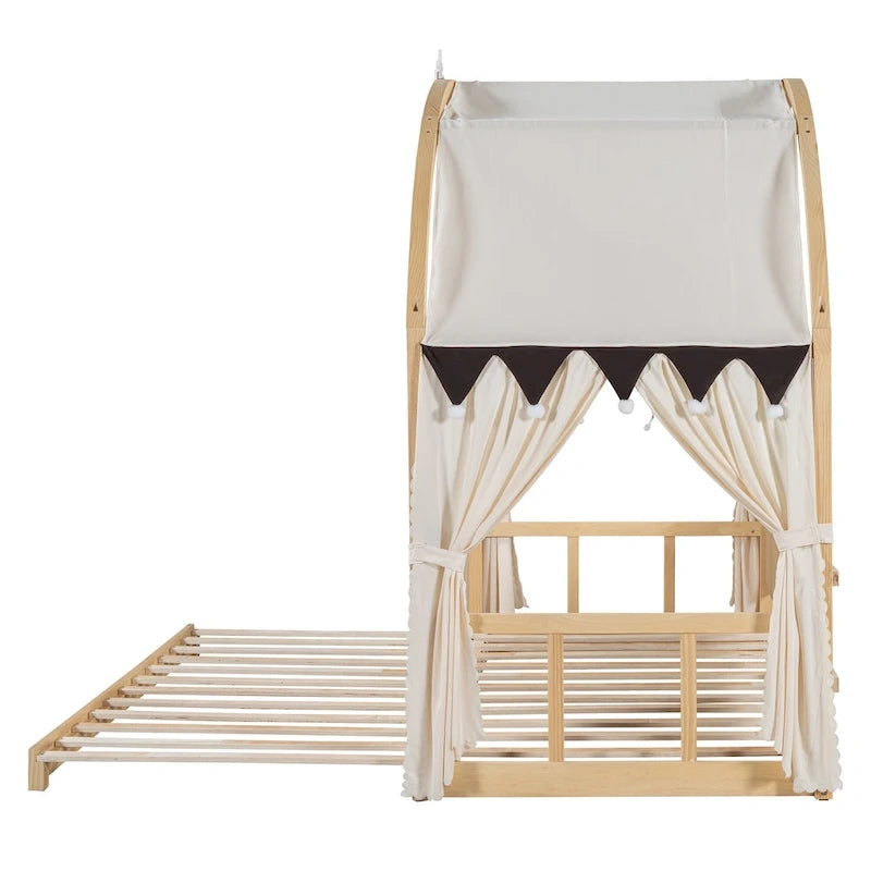 Lit cabane pour enfants avec tente, lumière LED et tableau blanc — Cadre en pin