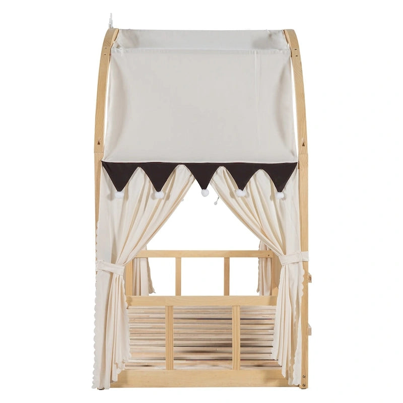 Lit cabane pour enfants avec tente, lumière LED et tableau blanc — Cadre en pin