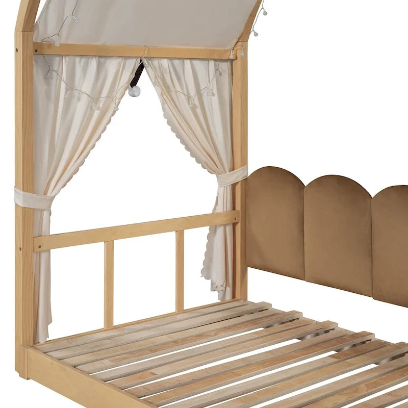 Lit cabane pour enfants avec tente, lumière LED et tableau blanc — Cadre en pin
