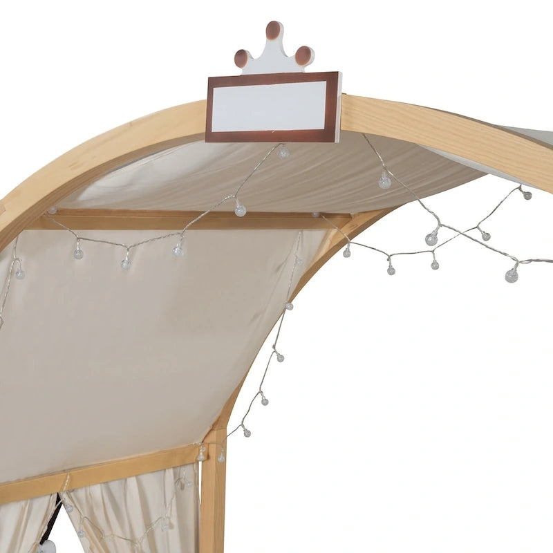 Lit cabane pour enfants avec tente, lumière LED et tableau blanc — Cadre en pin