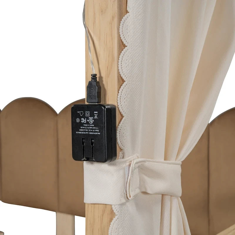 Lit cabane pour enfants avec tente, lumière LED et tableau blanc — Cadre en pin