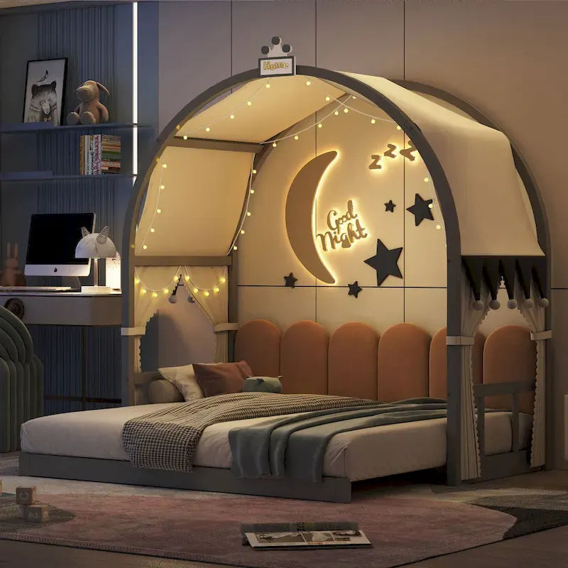 Lit cabane pour enfants avec tente, lumière LED et tableau blanc — Cadre en pin