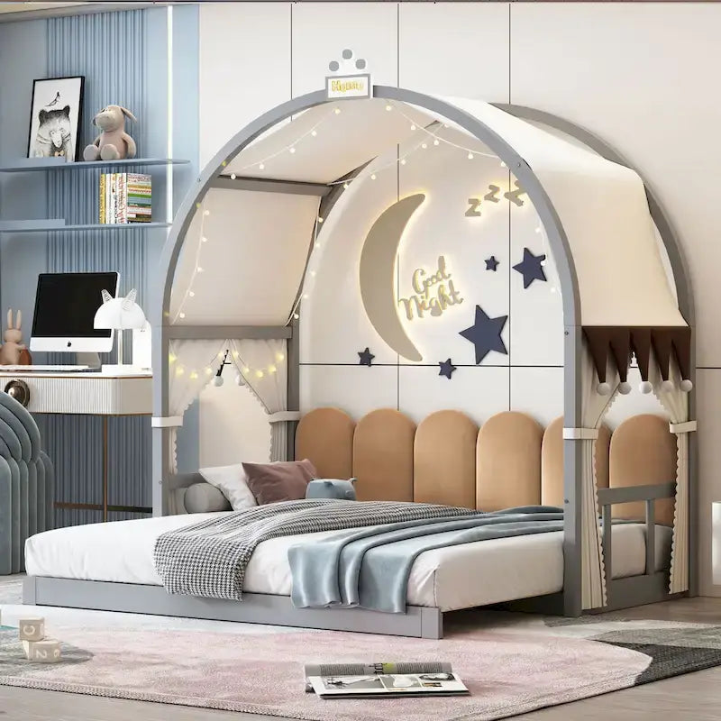 Lit cabane pour enfants avec tente, lumière LED et tableau blanc — Cadre en pin