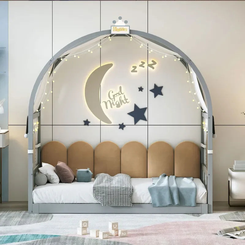 Lit cabane pour enfants avec tente, lumière LED et tableau blanc — Cadre en pin