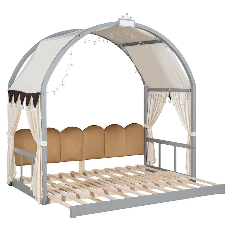 Lit cabane pour enfants avec tente, lumière LED et tableau blanc — Cadre en pin