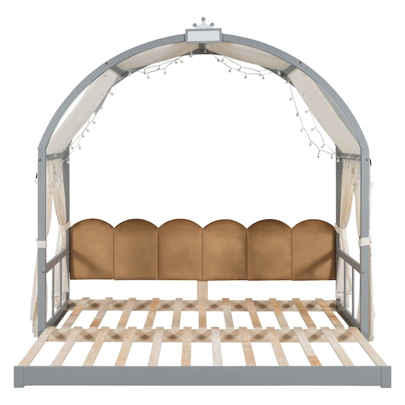 Lit cabane pour enfants avec tente, lumière LED et tableau blanc — Cadre en pin