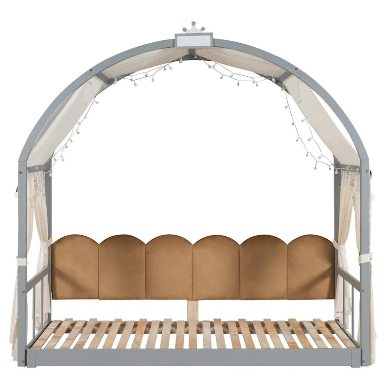 Lit cabane pour enfants avec tente, lumière LED et tableau blanc — Cadre en pin