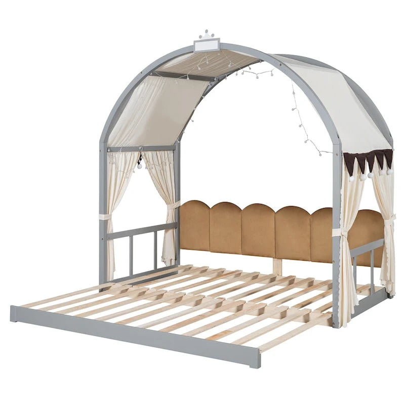 Lit cabane pour enfants avec tente, lumière LED et tableau blanc — Cadre en pin