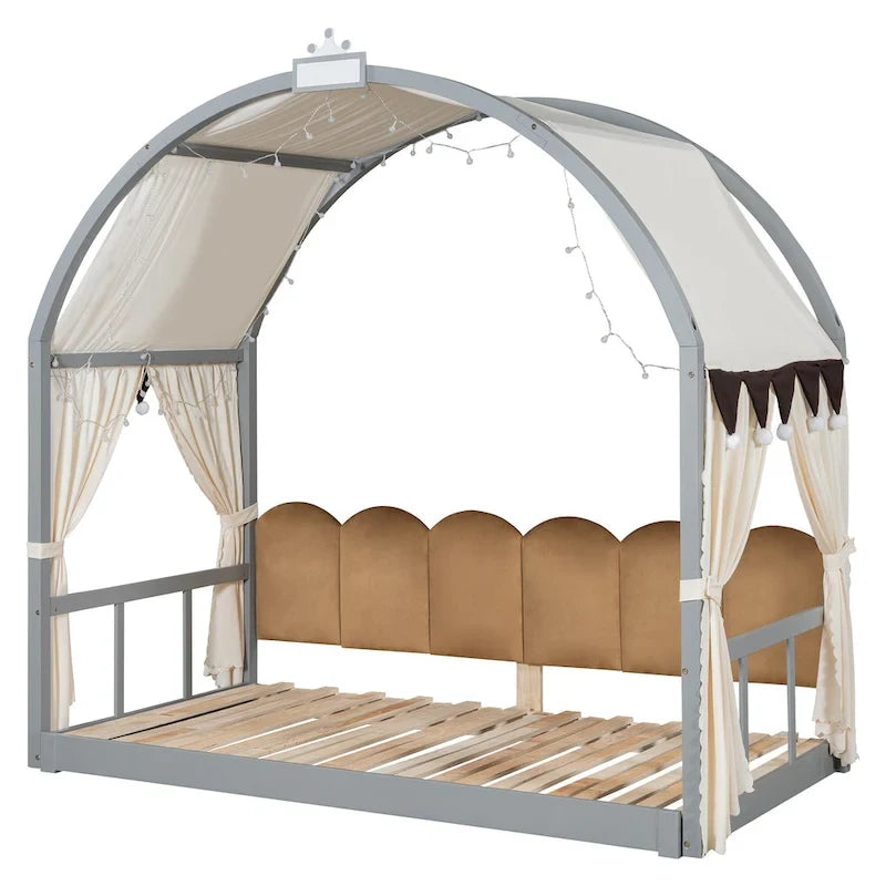 Lit cabane pour enfants avec tente, lumière LED et tableau blanc — Cadre en pin