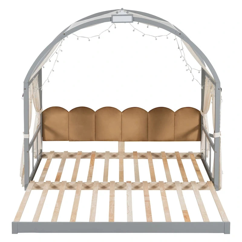 Lit cabane pour enfants avec tente, lumière LED et tableau blanc — Cadre en pin