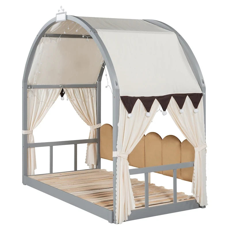 Lit cabane pour enfants avec tente, lumière LED et tableau blanc — Cadre en pin