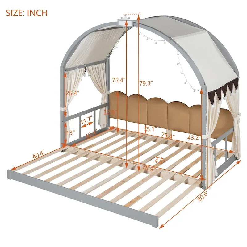 Lit cabane pour enfants avec tente, lumière LED et tableau blanc — Cadre en pin