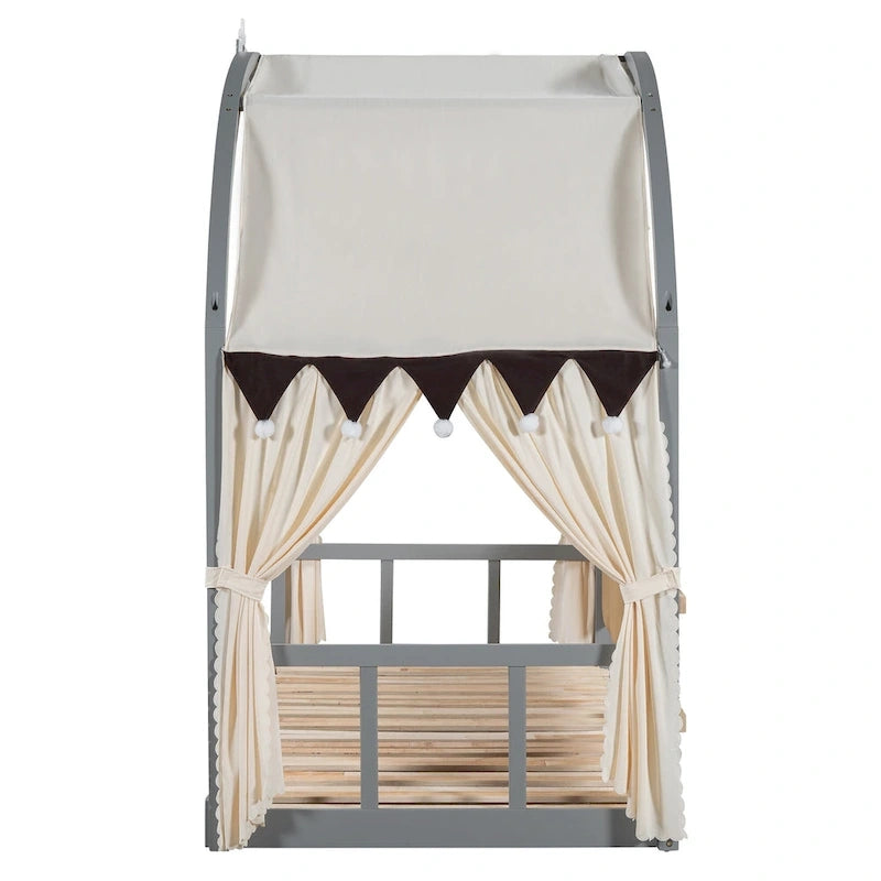 Lit cabane pour enfants avec tente, lumière LED et tableau blanc — Cadre en pin