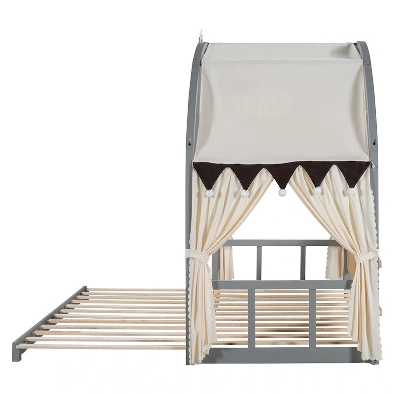 Lit cabane pour enfants avec tente, lumière LED et tableau blanc — Cadre en pin