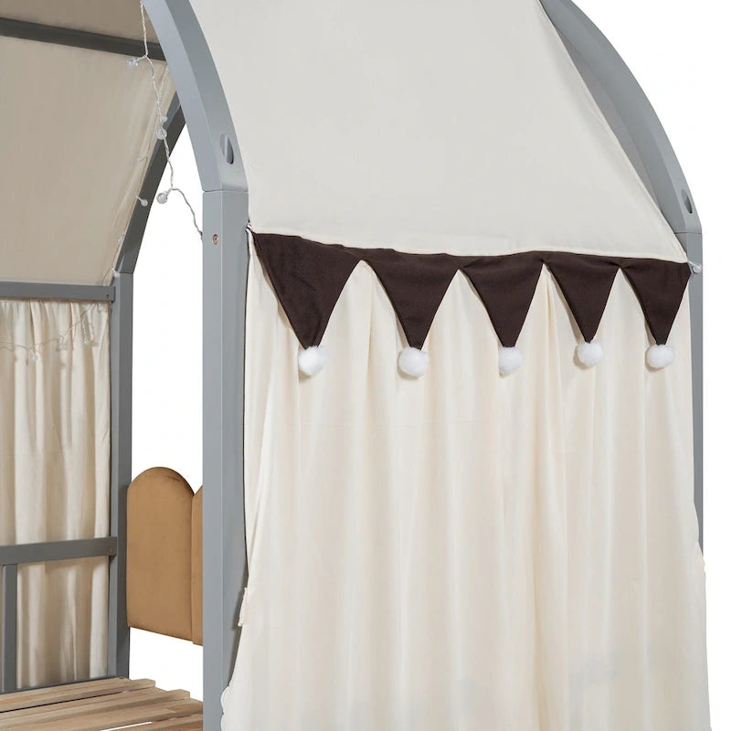 Lit cabane pour enfants avec tente, lumière LED et tableau blanc — Cadre en pin