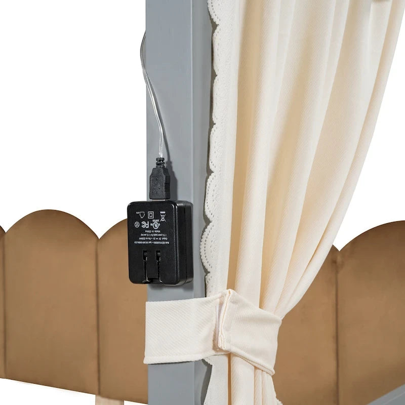 Lit cabane pour enfants avec tente, lumière LED et tableau blanc — Cadre en pin