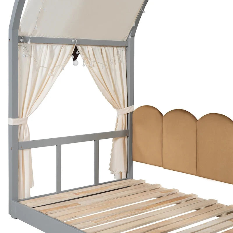 Lit cabane pour enfants avec tente, lumière LED et tableau blanc — Cadre en pin
