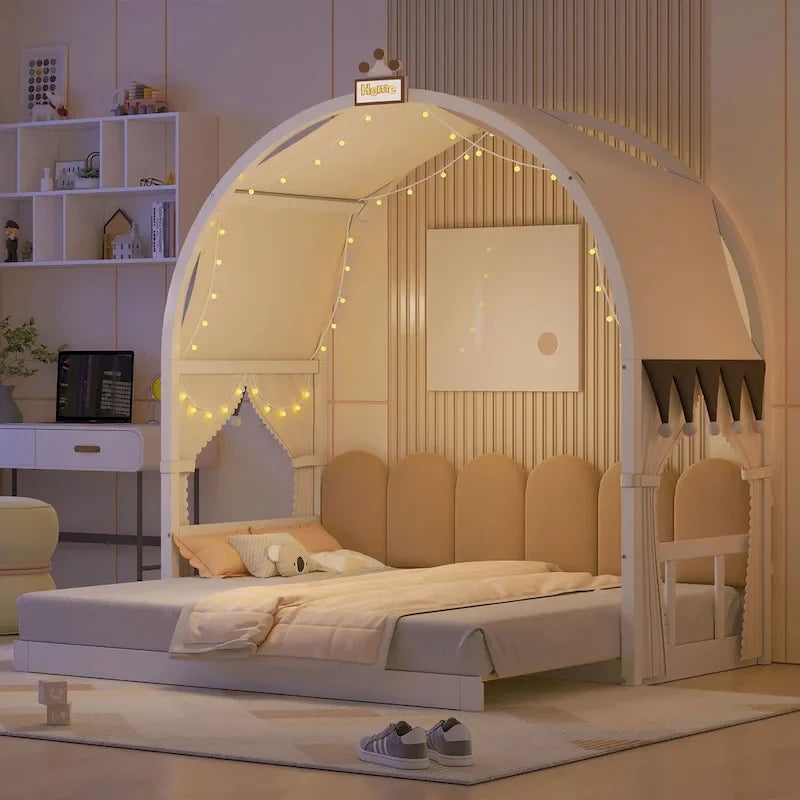 Lit cabane pour enfants avec tente, lumière LED et tableau blanc — Cadre en pin