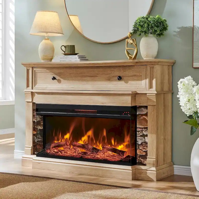 Meuble TV de style ferme avec foyer électrique à 3 faces et rangement dissimulé