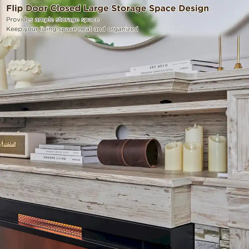 Meuble TV de style ferme avec foyer électrique à 3 faces et rangement dissimulé