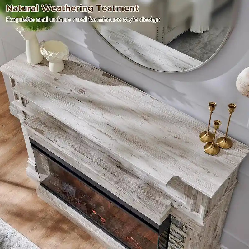 Meuble TV de style ferme avec foyer électrique à 3 faces et rangement dissimulé