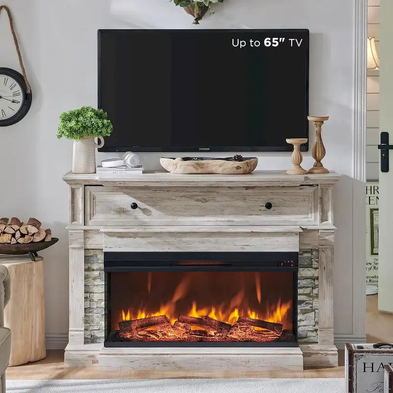 Meuble TV de style ferme avec foyer électrique à 3 faces et rangement dissimulé