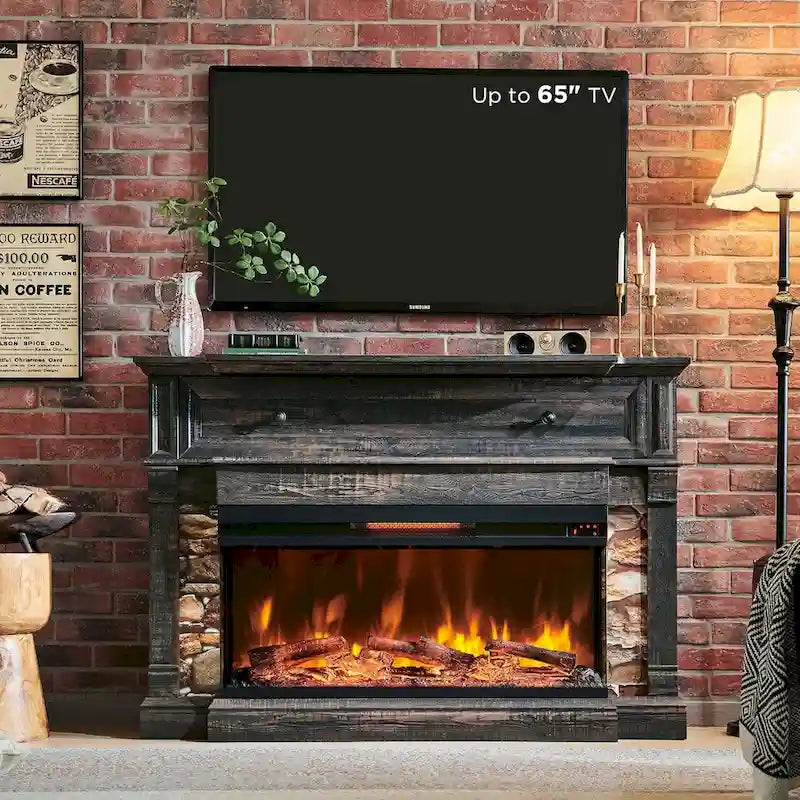 Meuble TV de style ferme avec foyer électrique à 3 faces et rangement dissimulé