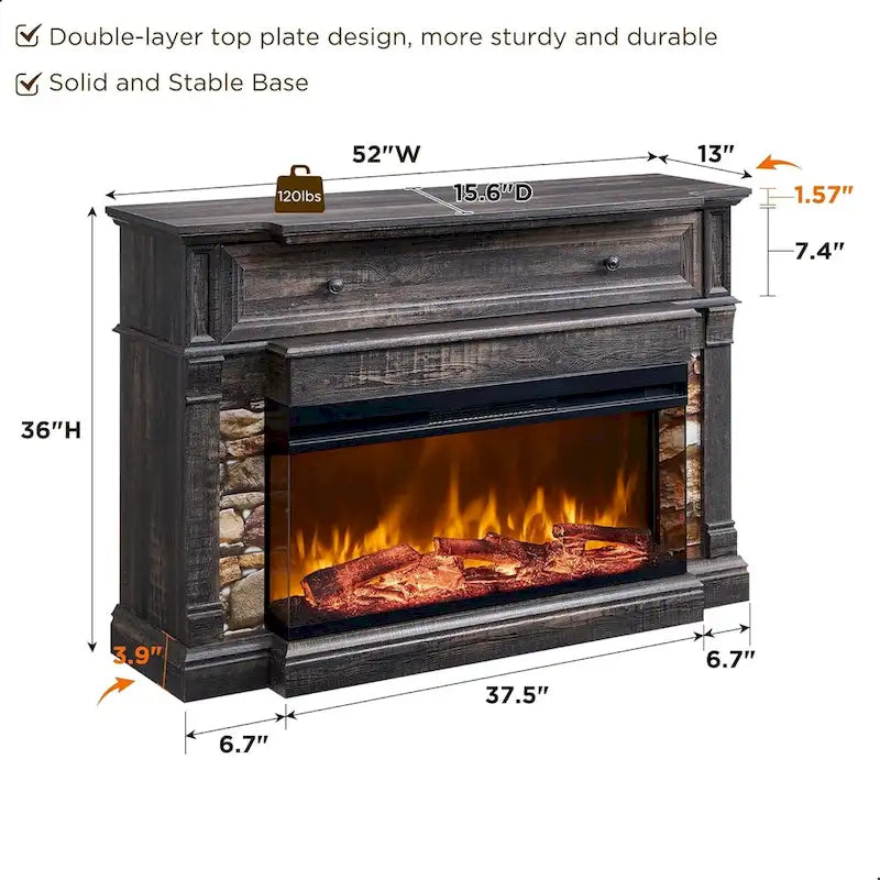 Meuble TV de style ferme avec foyer électrique à 3 faces et rangement dissimulé