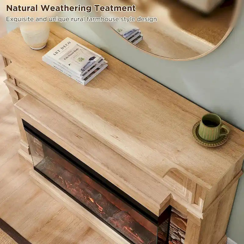 Meuble TV de style ferme avec foyer électrique à 3 faces et rangement dissimulé