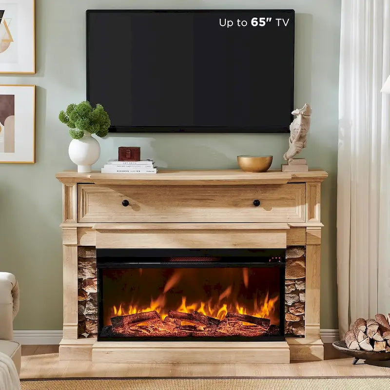 Meuble TV de style ferme avec foyer électrique à 3 faces et rangement dissimulé