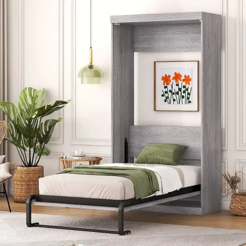 Lit escamotable une place, peut être replié en armoire, gris