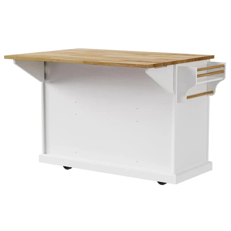 Grand îlot de cuisine avec abattant en bois, desserte à roulettes avec texture en relief, portes, tiroirs et rangement pour cuisine, blanc