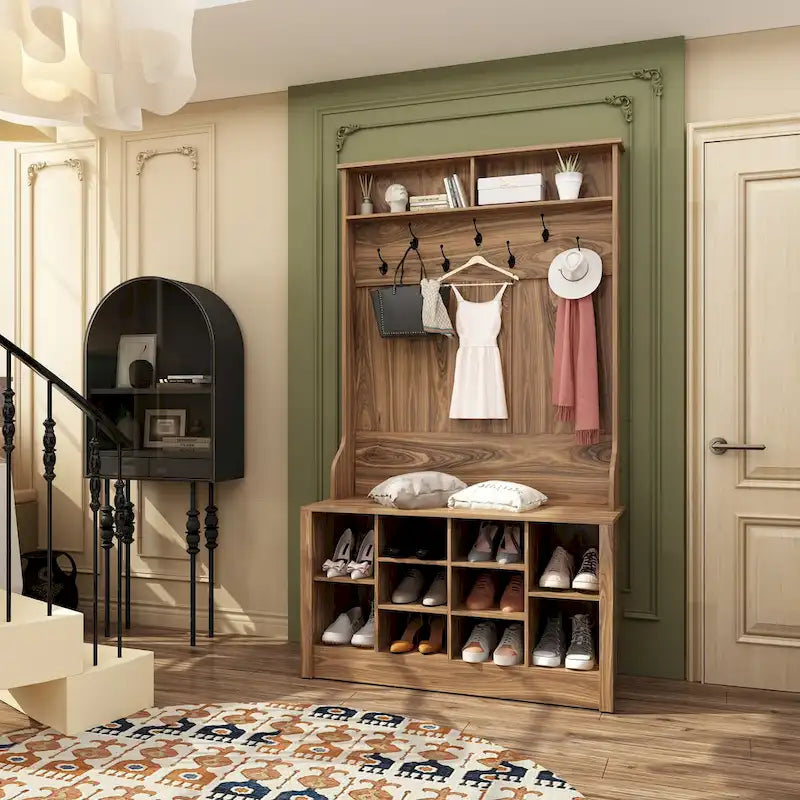 Portemanteau de 174 cm avec patères, banc à chaussures et compartiments de rangement
