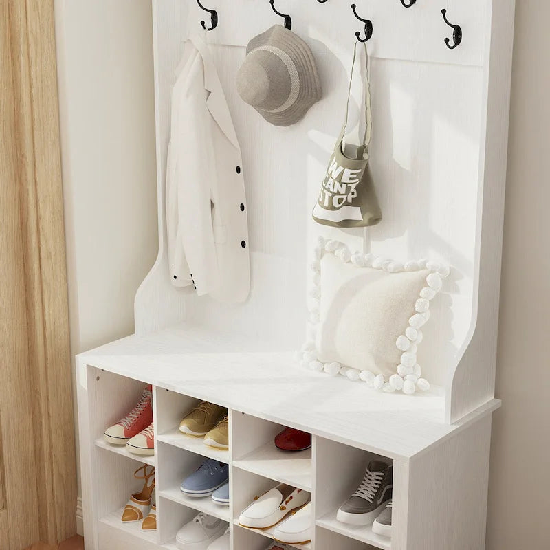 Portemanteau de 174 cm avec patères, banc à chaussures et compartiments de rangement