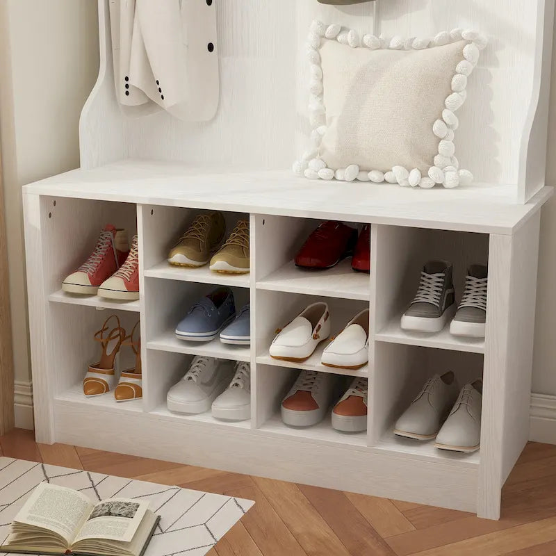 Portemanteau de 174 cm avec patères, banc à chaussures et compartiments de rangement