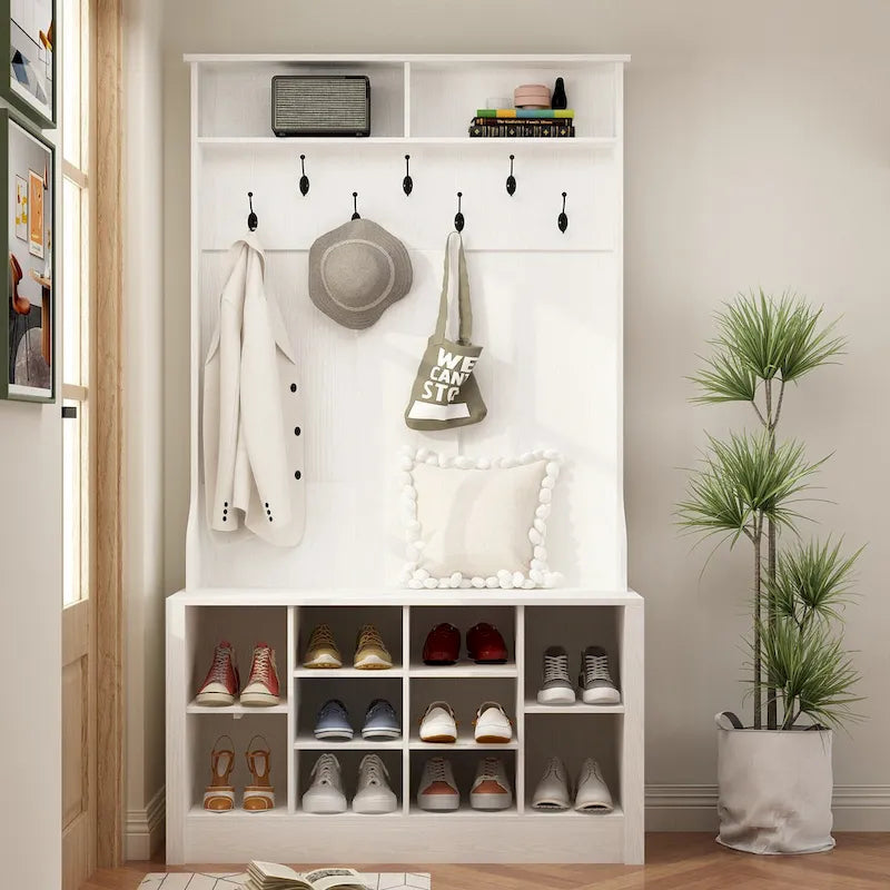 Portemanteau de 174 cm avec patères, banc à chaussures et compartiments de rangement