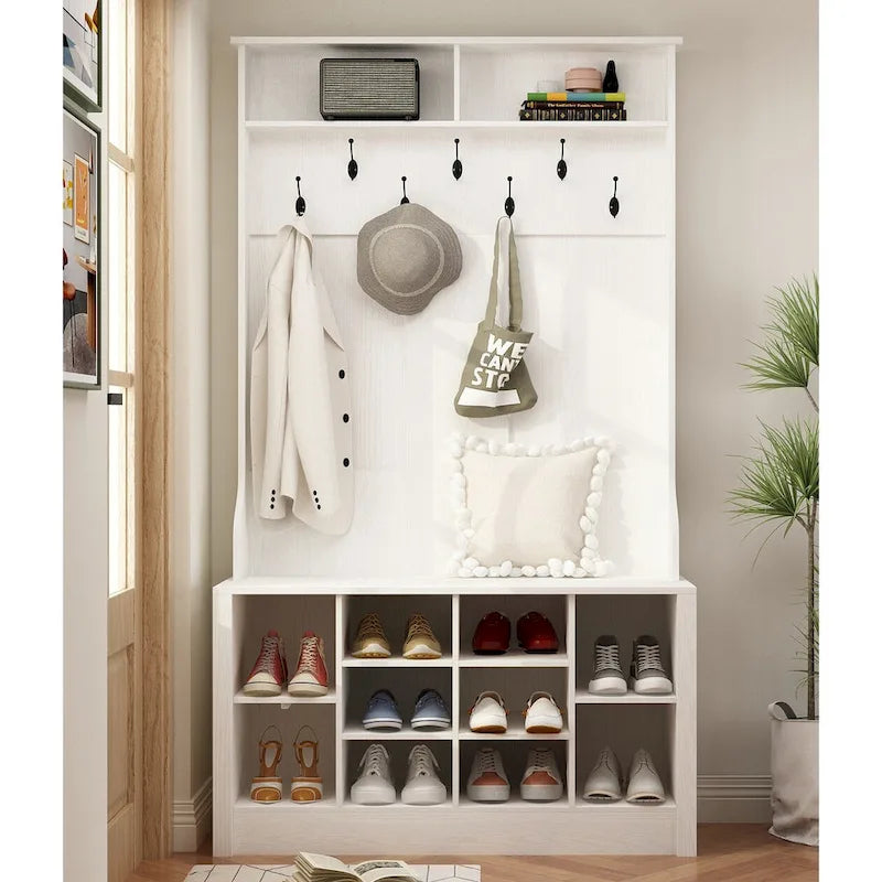Portemanteau de 174 cm avec patères, banc à chaussures et compartiments de rangement